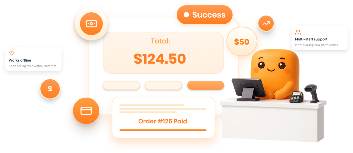Rolly PoS in action: desk, monitor, mascot, and transaction overlay